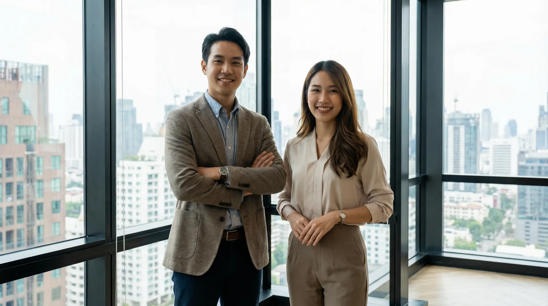 Professional Thai workers collaborating in a modern workplace